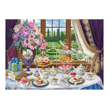 English High Tea artwork detail showing patterned china and a tiered cake stand on a sunlit windowsill