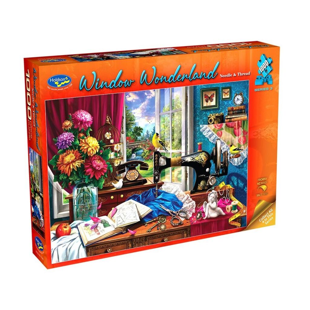 Holdson Window Wonderland Needle and Thread 1000 piece jigsaw puzzle box with a sewing window scene