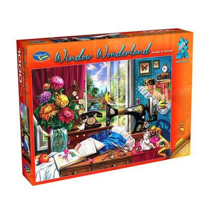 Holdson Window Wonderland Needle and Thread 1000 piece jigsaw puzzle box with a sewing window scene