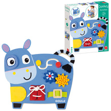 Goula wooden donkey activity table for toddlers with nine hands-on tasks and a carry handle
