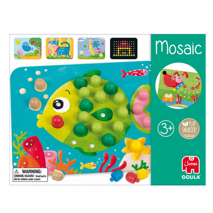 Child pressing a coloured wooden peg into an animal sheet in the Goula mosaic game