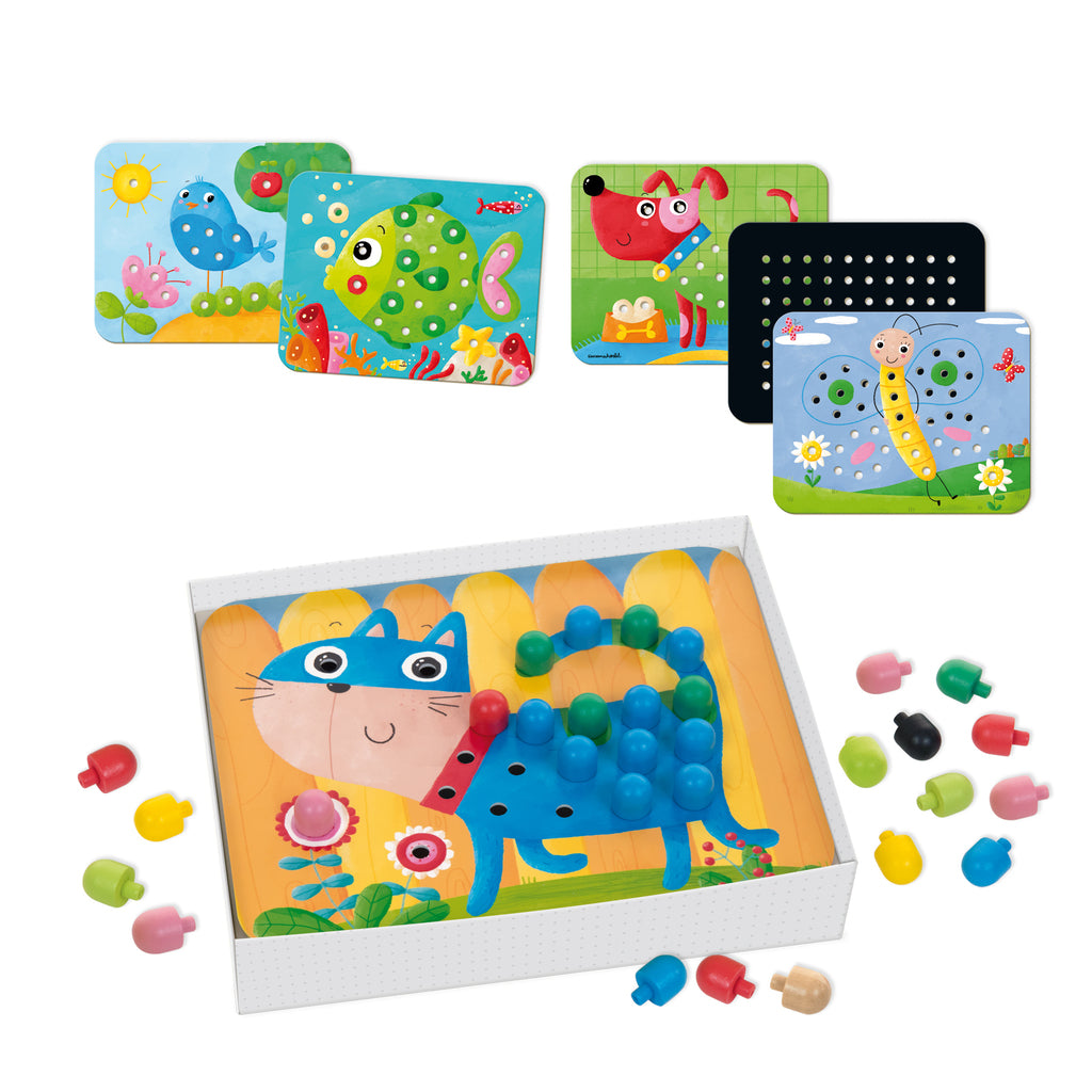 Illustrated animal sheet from the Goula wooden mosaic game partly filled with coloured pegs