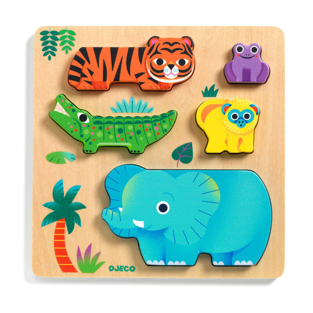 colourful wooden wild animal puzzle pieces from Djeco WoodyWild for toddler matching play