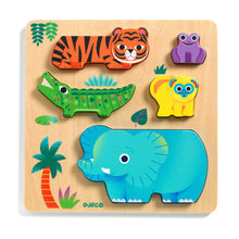colourful wooden wild animal puzzle pieces from Djeco WoodyWild for toddler matching play