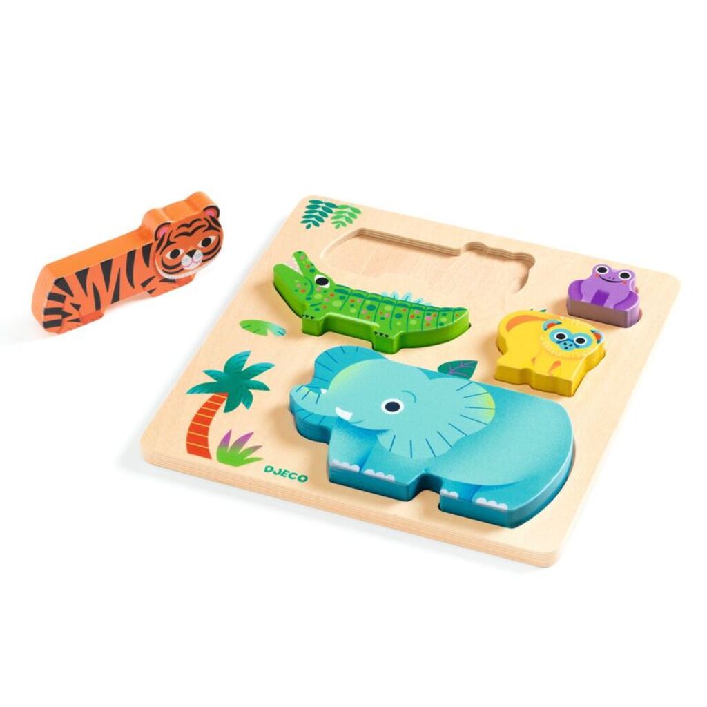 toddler wooden animal puzzle showing friendly wild animals fitted into the illustrated puzzle board
