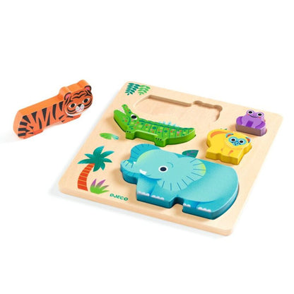 toddler wooden animal puzzle showing friendly wild animals fitted into the illustrated puzzle board