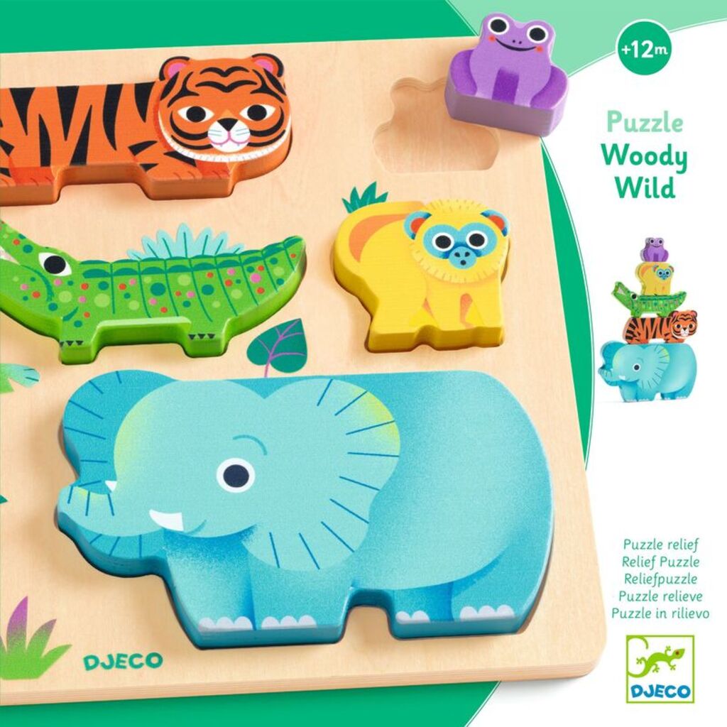 Wooden puzzle with animal shapes on a green background, featuring the brand 'Djeco'.