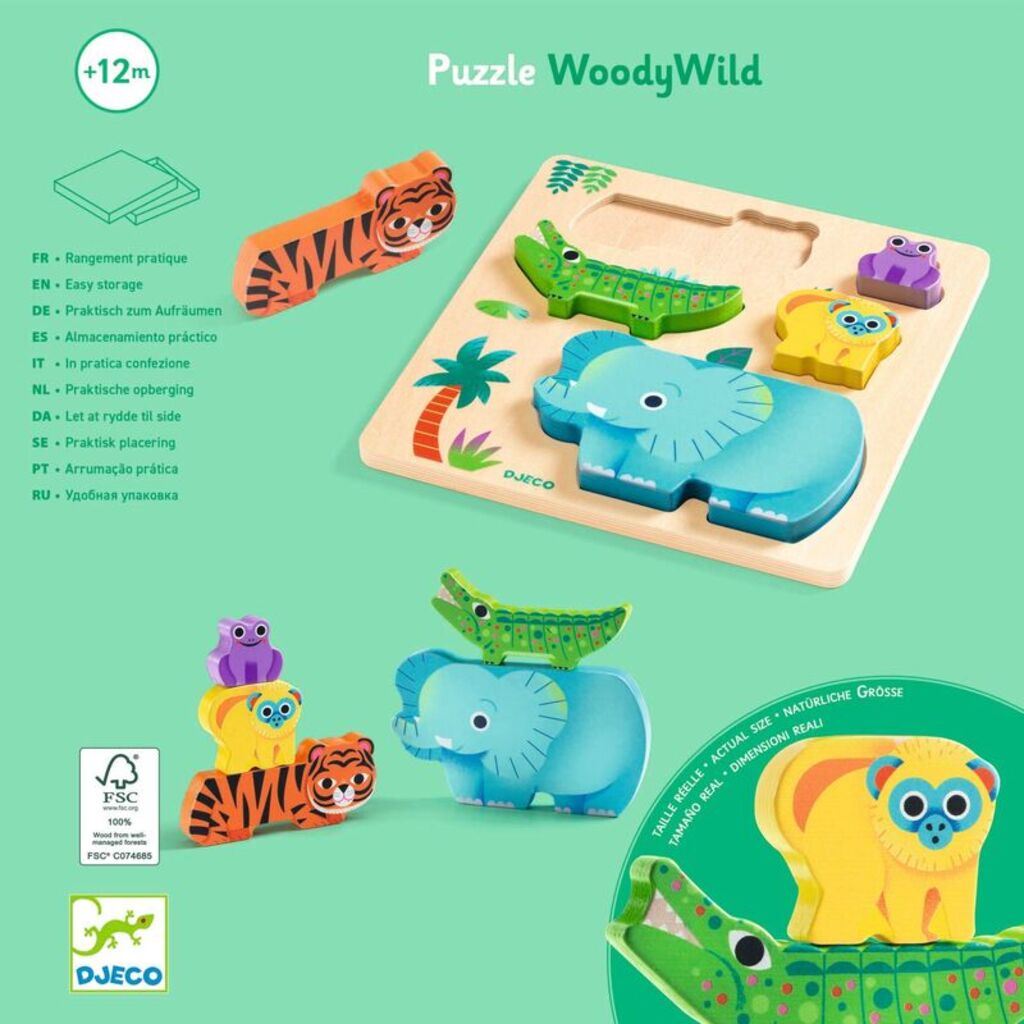 Wooden puzzle with animal shapes on a green background, featuring the brand 'Djeco'.