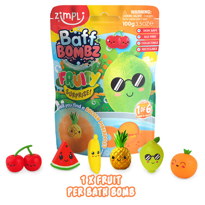 Zimpli Kids Baff Bombz Fruity Surprise 100g mystery bath bomb with hidden collectible fruit figure including rare Golden Pineapple