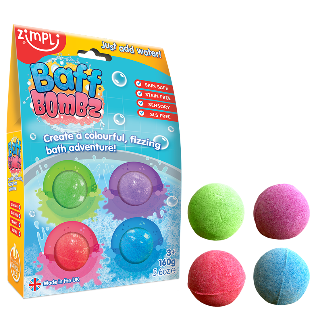 Zimpli Kids Baff Bombz Round 4 Pack colourful fizzing bath bombs for children with green, pink, purple and blue bath bombs