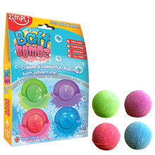 Zimpli Kids Baff Bombz Round 4 Pack colourful fizzing bath bombs for children with green, pink, purple and blue bath bombs