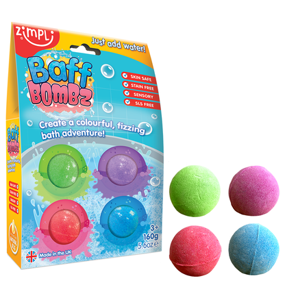 Zimpli Kids Baff Bombz Round 4 Pack colourful fizzing bath bombs for children with green, pink, purple and blue bath bombs