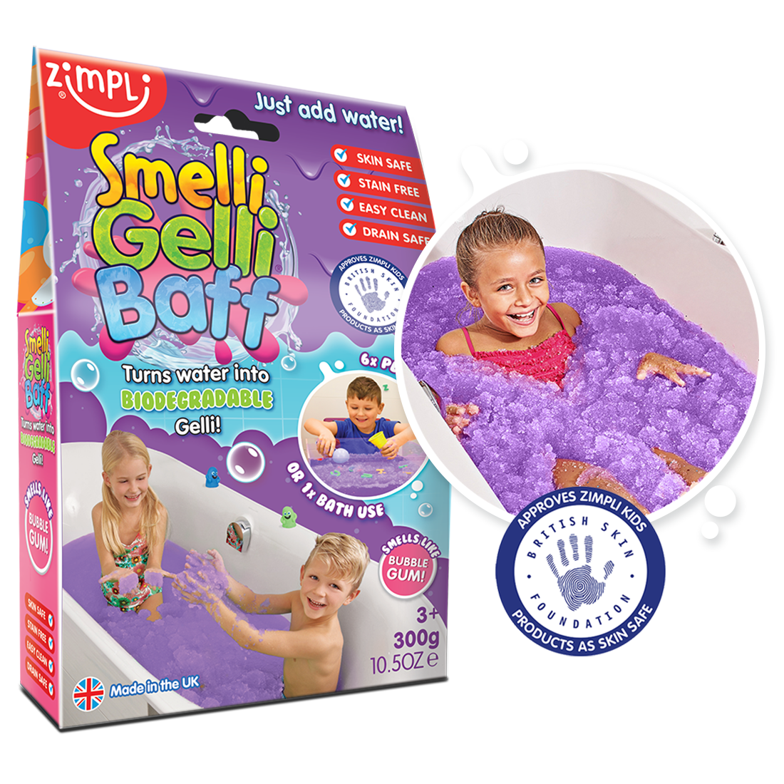 Zimpli Kids Smelli Gelli Baff Bubble Gum sensory bath slime that transforms water into colourful purple scented Gelli