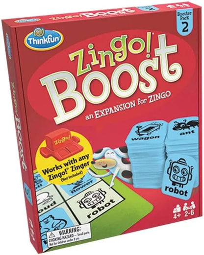Zingo Boost Booster Pack 2 box front showing wagon, ant, and robot picture-word tiles
