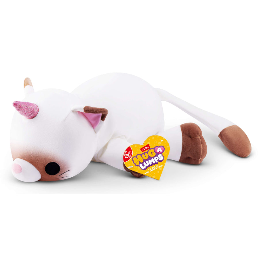 ZURU Hug-a-Lumps Coco weighted kitten plush lying down with promotional text I'm Weighted and Super Soft and Squishy