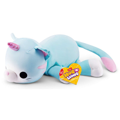 ZURU Hug-a-Lumps Skye the Kitten medium weighted plush in pastel blue with pink unicorn horn and tail, shown lying down