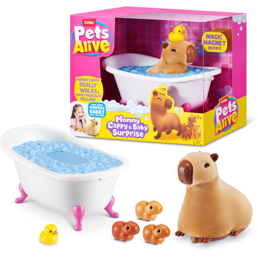 ZURU Pets Alive Mama Capybara and Baby Surprise interactive walking toy with bathtub, baby capybaras and magic magnet duck
